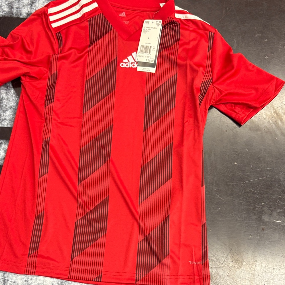 Adidas Youth Large Red and Black Striped Sports Shirt